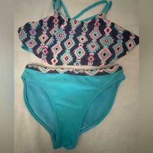 Girls large (10/12) Wonder Nation blue Southwest design ruffled halter tankini